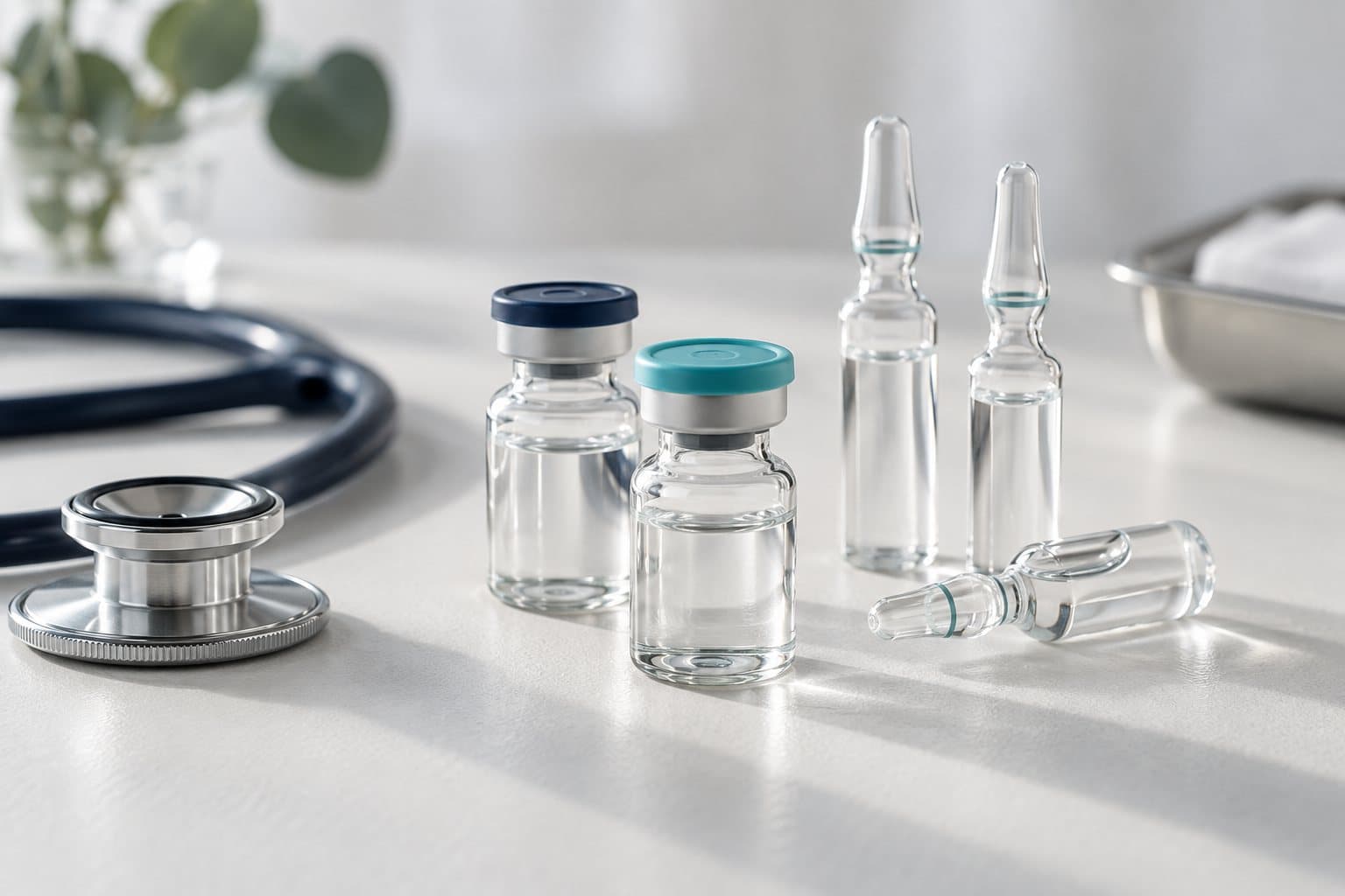 Glass vials and ampoules beside a stethoscope