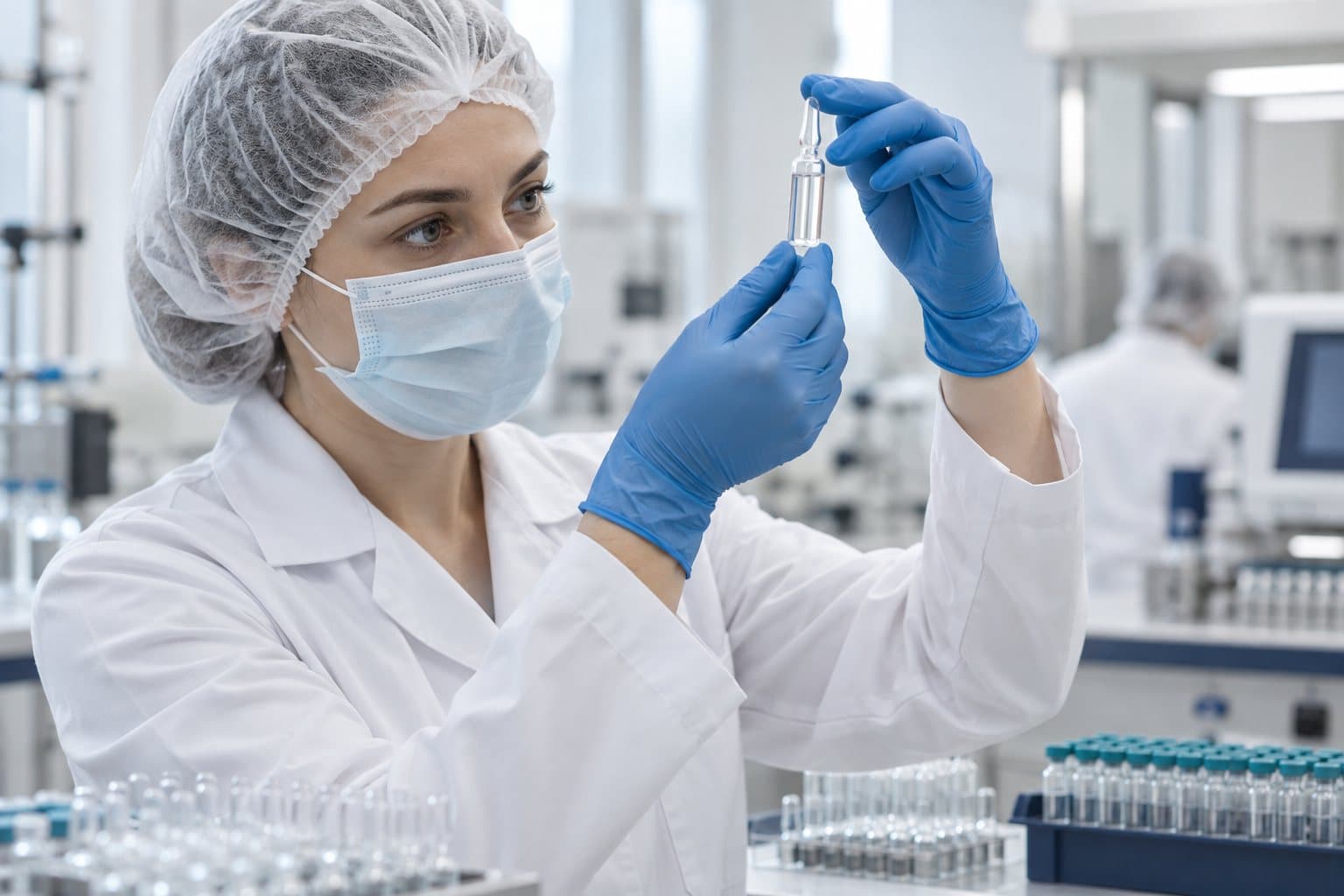 A quality-control scientist inspecting an ampoule in a laboratory